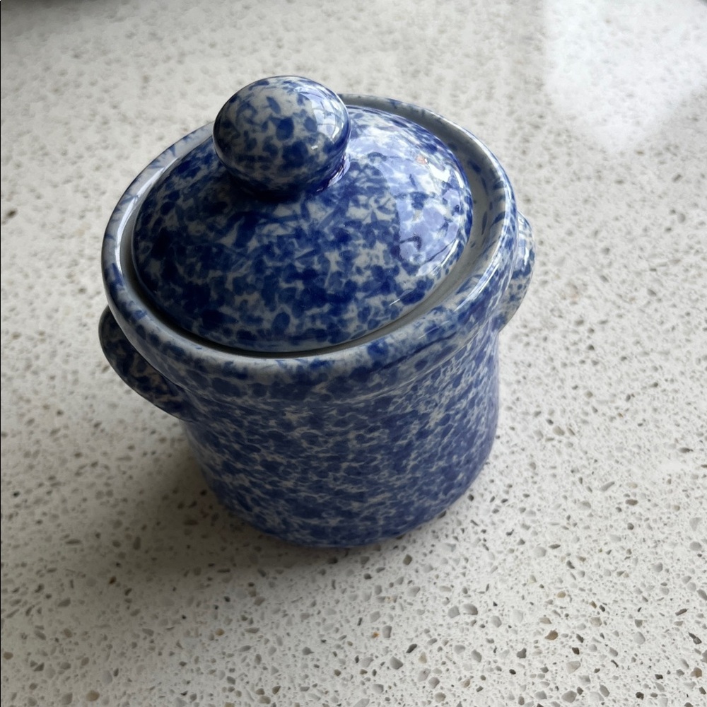 Blue Speckled Ceramic Jar with cover, for sugar, honey, salt, or...